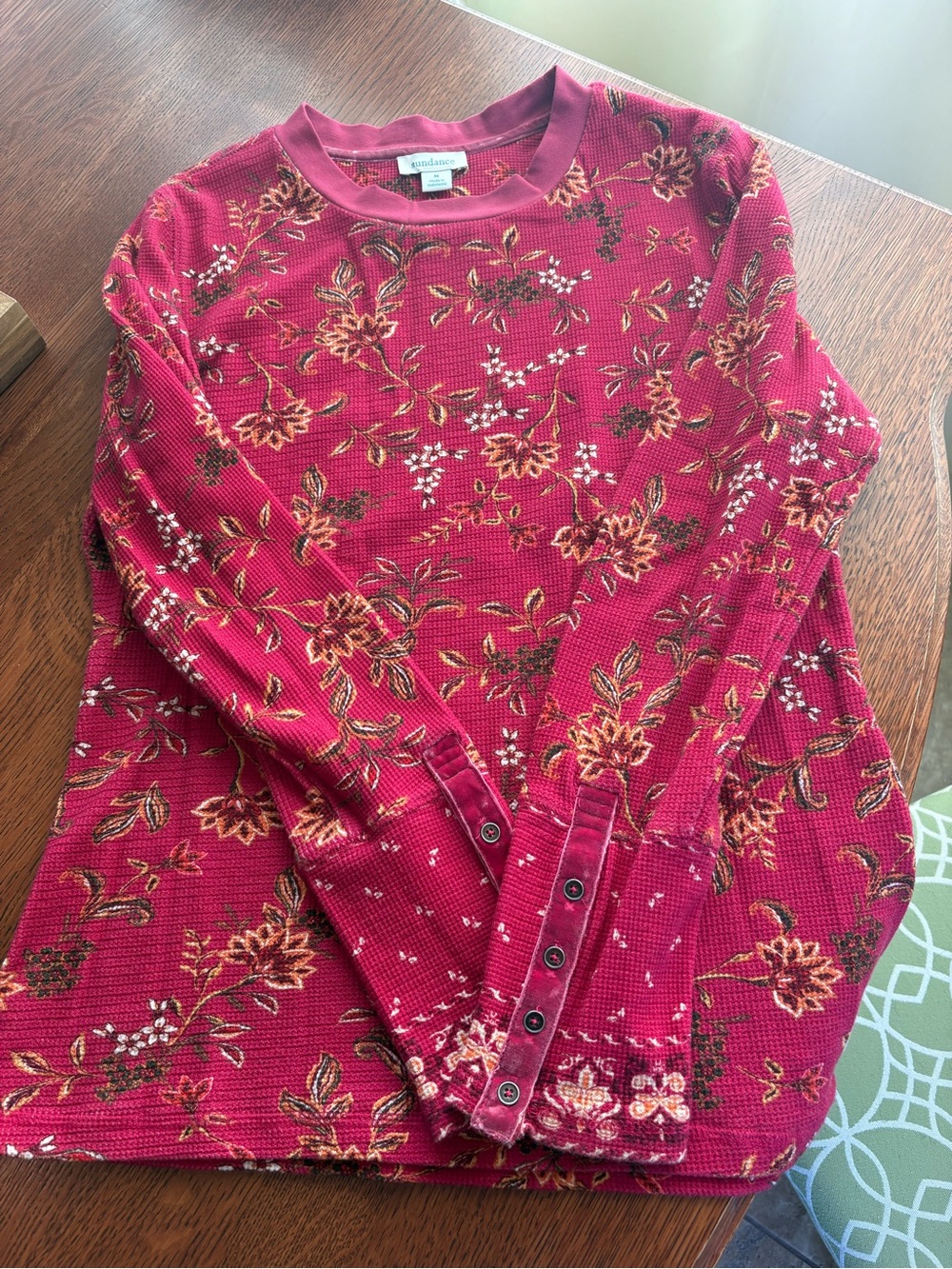 Sundance Red Floral Waffle Knit Long Sleeve Top